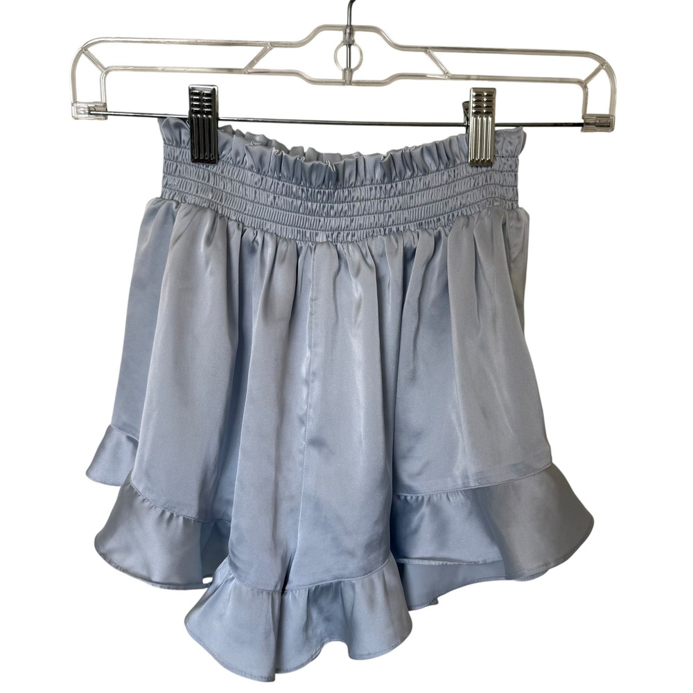 Birdy Grey Ruffle Satin Shorts Women Small Blue Good Smocked Waist Loungewear